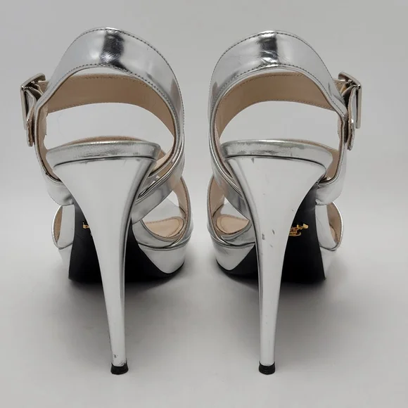 Prada Metallic Silver Platform Slingeback Strappy Straps Heel Sandals Size 39.5 - Picture 10 of 16